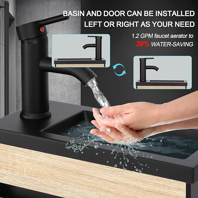 UEV 16" Small Bathroom Vanity, Black & Natural Mixed with Ceramic Sink, Frosted Black Faucet P-Trap (Wall Mounted)