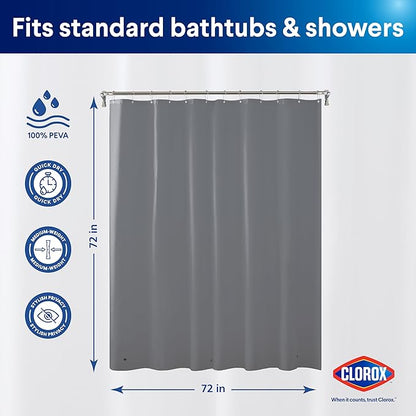 CLOROX Shower Curtain Liner, Premium Colored Medium-Weight Durable Waterproof 6g PEVA for Bathroom with Weighted Magnets, Standard Size 72" x 72", Grey