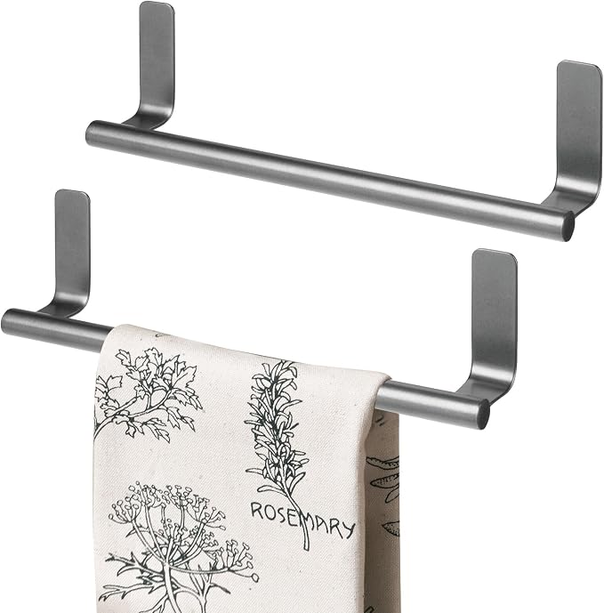 mDesign Steel Wall-Mounted Towel Rack Storage Holder - Self-Adhesive Space Saving Bar for Kitchen, Holds Hand and Dish Towels, Stick on Doors, Cabinet, Cupboard, Omni Collection, 2 Pack, Graphite Gray