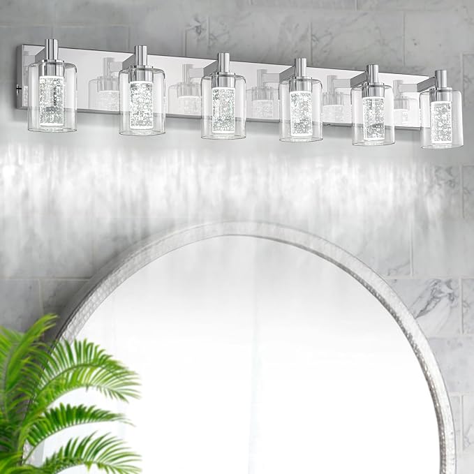 SineRise Vanity Light with 3 Color Modes (3000K/4000K/6000K), Eye Protection LED Bathroom Light Fixture, Dimmable Modern Wall Light Over Mirror with Clear Glass Shade (Chrome, 6-Light)