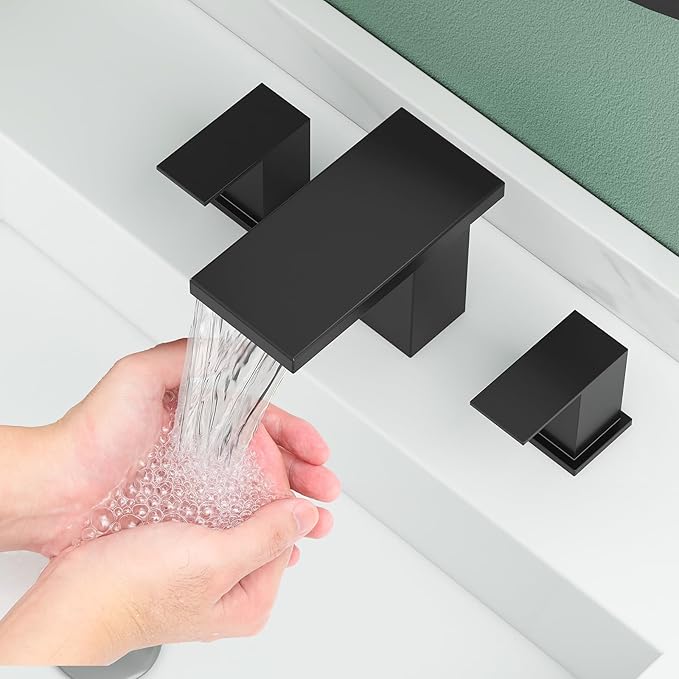 Hoimpro 8 Inch Widespread Waterfall Bathroom Sink Faucet, Square Two Handle Vanity Black Bathroom Faucet with cUPC Supply Hose, 3 Holes Faucet with Pop Up Drain, Stainless Steel, Matte Black
