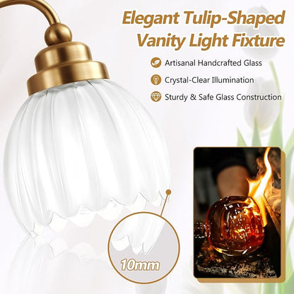 4 Light Gold Vintage Vanity Lights, Antique Brass Finish | Milk White Tulip Crystal Shades,Brushed Gold Bathroom Light Fixtures, Wall Sconce Ideal for Bedroom,Hallway,Easy to Install