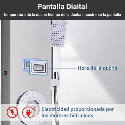 AlenArt Shower Panel LED Shower Tower System with Rainfall Waterfall Shower Head, 4 Body Massage Jets,Hand Shower Sprayer and Tub Spout Stainless Steel, Brushed Nickel
