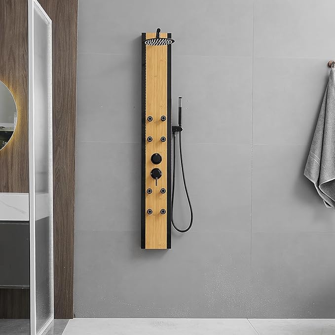 Rainfall Shower Panel Shower Tower System Bamboo Wood and Stainless Steel with 8 Body Jets Massage and Adjustable Round Shower Head Handheld Wand Shower Column Wall Mount
