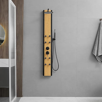 Rainfall Shower Panel Shower Tower System Bamboo Wood and Stainless Steel with 8 Body Jets Massage and Adjustable Round Shower Head Handheld Wand Shower Column Wall Mount