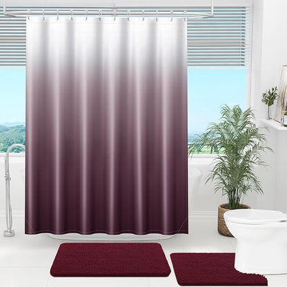 OLANLY Luxury Burgundy and White Ombre Shower Curtain Sets with 12 Hooks, Waterproof and Washable Decorative Shower Curtains for Bathroom, 72x72 Inches