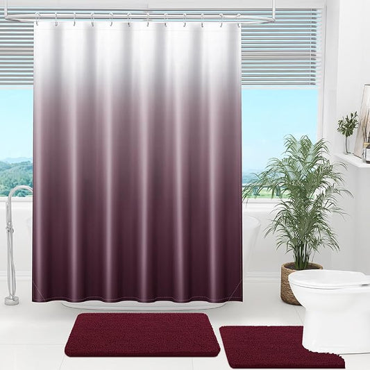 OLANLY Luxury Burgundy and White Ombre Shower Curtain Sets with 12 Hooks, Waterproof and Washable Decorative Shower Curtains for Bathroom, 72x72 Inches