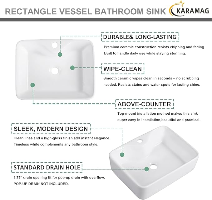 Vessel Sink 19"x15" Bathroom Sink Modern Above Counter Rectangular 19 Inch Bathroom Sinks with Faucet Hole White Porcelain Ceramic Bathroom Sinks