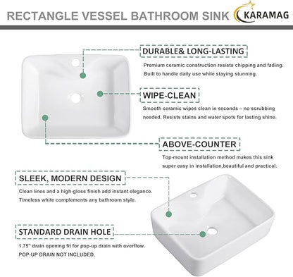 Vessel Sink 19"x15" Bathroom Sink Modern Above Counter Rectangular 19 Inch Bathroom Sinks with Faucet Hole White Porcelain Ceramic Bathroom Sinks