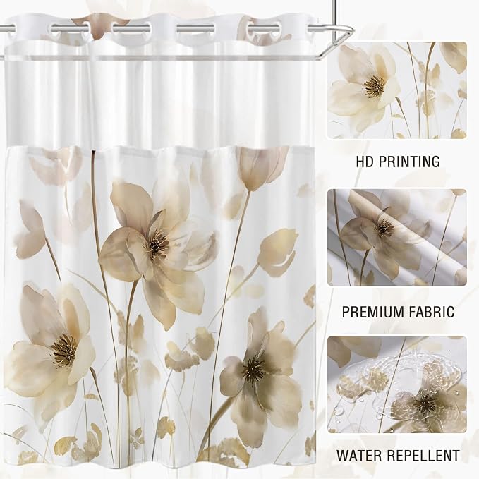 No Hook Shower Curtain and Liner Set, Yellow Boho Floral 71x84 | Watercolor Boho Flower, with Snap in Liner, Waterproof, Machine Washable, Quick-Drying, for Hotel Bathroom
