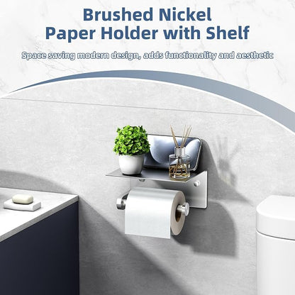 Toiler Paper Holder with Phone Shelf, Brushed Nickel, Wall Mounted | 304 Stainless Steel, Rust-resistant Tissue Holder for Bathroom Restroom Powder Room, Stable Paper Roll & Phone Storage
