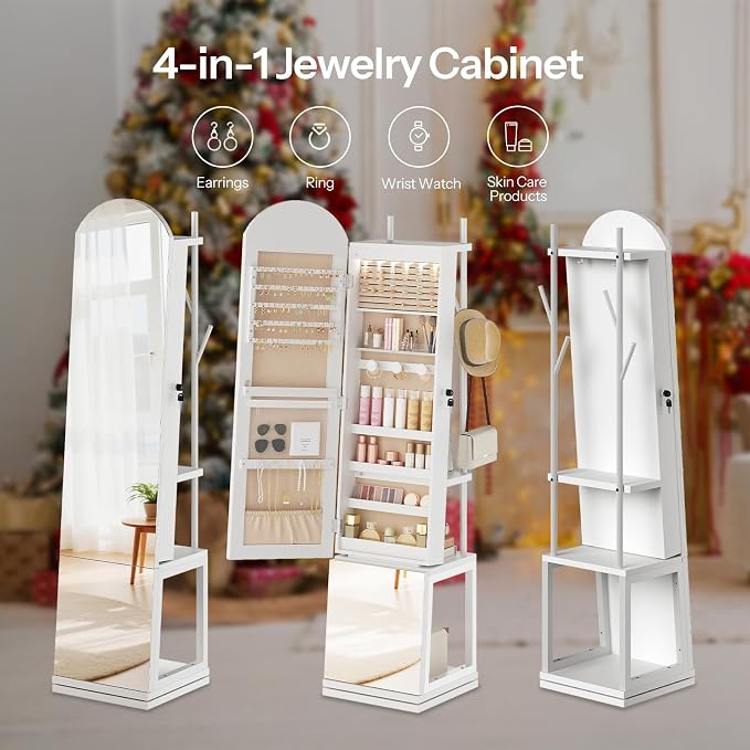 HOOBRO 360° Swivel Jewelry Cabinet with LED Lights, Standing Jewelry Organizer with Storage Shelf, Arched Full-Length Mirrored Jewelry Aromires, Lockable Jewelry Cabinet, Makeup Brush Boxes, White