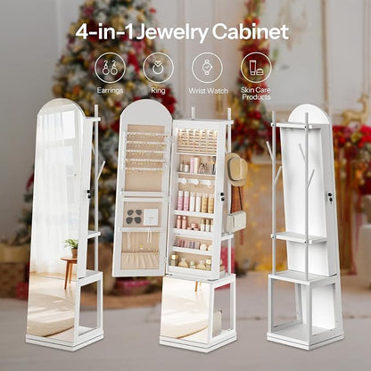 HOOBRO 360° Swivel Jewelry Cabinet with LED Lights, Standing Jewelry Organizer with Storage Shelf, Arched Full-Length Mirrored Jewelry Aromires, Lockable Jewelry Cabinet, Makeup Brush Boxes, White
