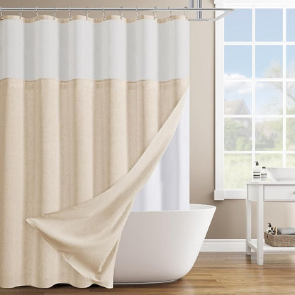 Linen Shower Curtain 84 Inches for Bathroom Natural Double Layer | 7ft, Curtains with Hook for Bathroom, Snap in Liner, Water Repellent, Boho Farmhouse, Modern Bath Decor, 1 Panel, 72x84