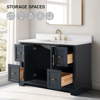 HOMEBEYOND 48 Inch Bathroom Vanity with Single Sink & Ceramic Top, Vanity Cabinet with Center Countertop Basin, Soft-Closing Doors, Backsplash, Vintage Spruce Blue