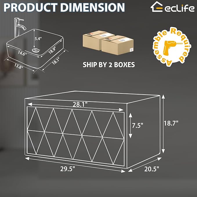 eclife 30" Floating Bathroom Vanities with Sink Combo, Wall Mounted Modern Cabinet W/Diamond Line Pattern Design, White Black Ceramic Vessel Sink W/Water Save Faucet & Pop Up Drain, White