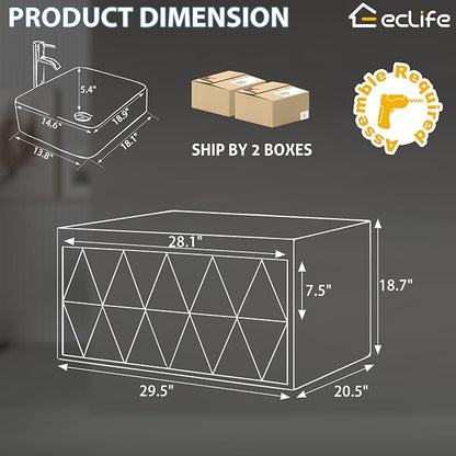 eclife 30" Floating Bathroom Vanities with Sink Combo, Wall Mounted Modern Cabinet W/Diamond Line Pattern Design, White Black Ceramic Vessel Sink W/Water Save Faucet & Pop Up Drain, White