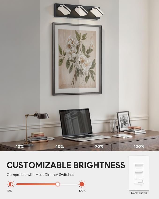 VONLUCE LED Modern Bathroom Vanity Light Fixture, Matte Black | 18'', 3-Light, 3CCT, 360° Rotate, High CRI, Flicker-free, Dimmable, Memory Function, Waterproof IP44, Easy Installation
