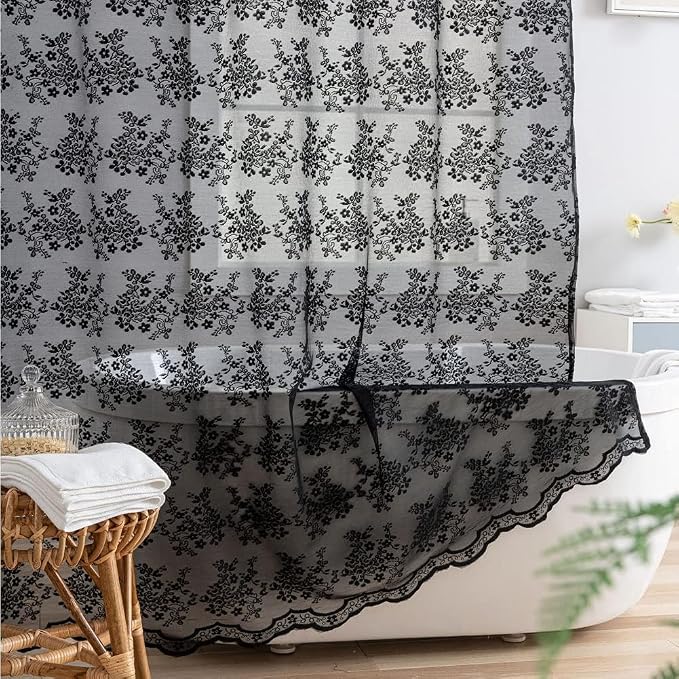 YJ YANJUN Black Lace Shower Curtain 84 inch Lenth, Gothic Bathroom Decor | Elegant Floral Lace with Attached Valance, Light Filtering, XL Sheer Bath curtain for Vintage Halloween Goth Decor, 1 Panel