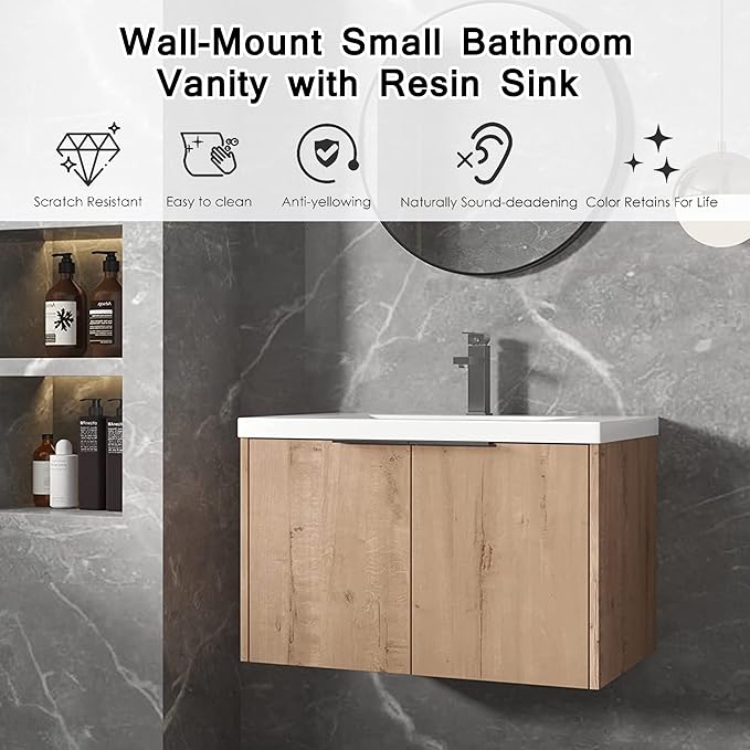 SSLine Wall Mounted Bathroom Vanity with Sink Combo Modern 30-Inch Single Bathroom Vanity Set with Top Basin &Storage Cabinet Wood Hanging Bath Cabinet w/Resin Sink for Small Space(Brown)