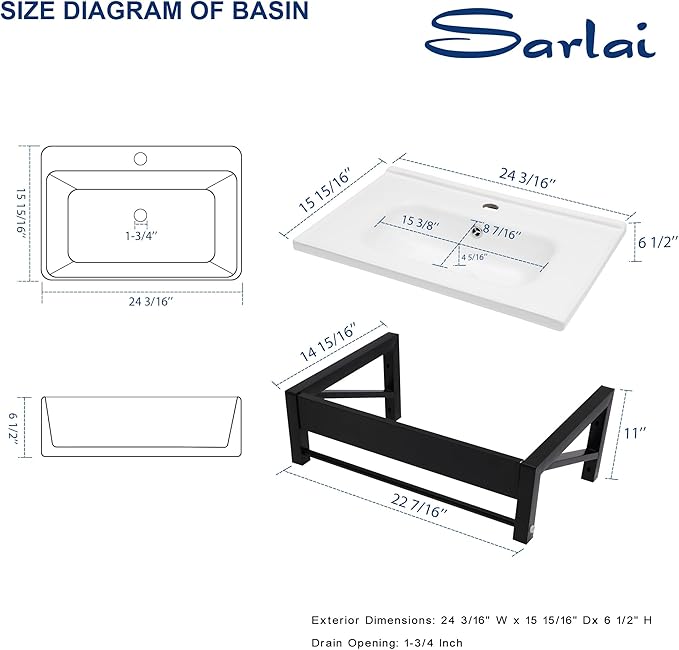 Sarlai Wall Hung Bathroom Vessel Sink with Towel Rack, 24x16 Inch Wall Mounted Rectangle Ceramic Bathroom Sink White Wash Modern Vanity Floating Basin