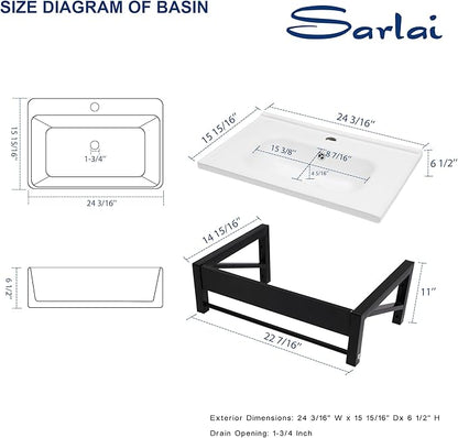 Sarlai Wall Hung Bathroom Vessel Sink with Towel Rack, 24x16 Inch Wall Mounted Rectangle Ceramic Bathroom Sink White Wash Modern Vanity Floating Basin