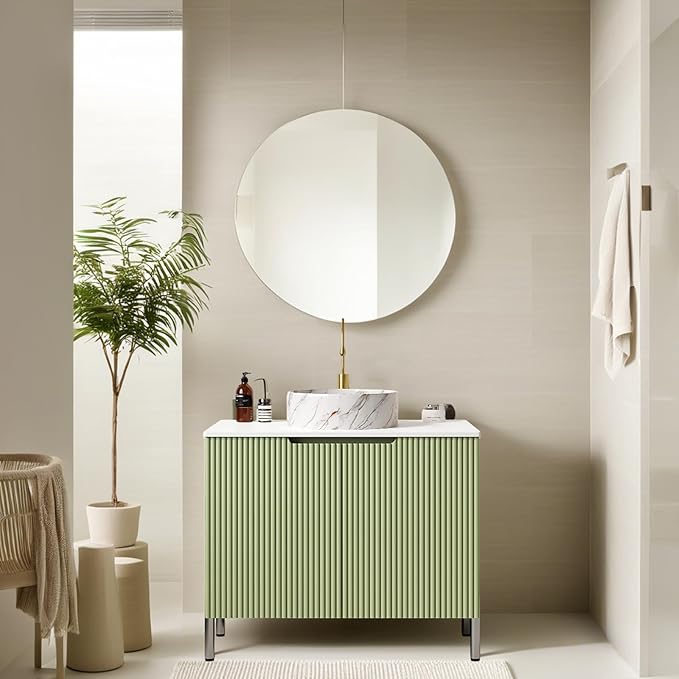 30" Bathroom Vanity with Sink, Modern Bathroom Vanities with Durable Marble Ceramic Basin and Sintered Stone Countertop, Soft Closing Door, Freestanding Bathroom Cabinet, Soft Green