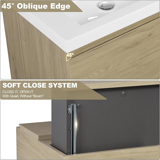 Pre-Assembled 60" Floating Bathroom Vanity with 2 Sinks, Natural Oak | Wall-Mounted Bathroom Vanity with Solid Surface Top Basin, 2 Soft Close Drawers and 2 Doors, Easy to Install & Clean