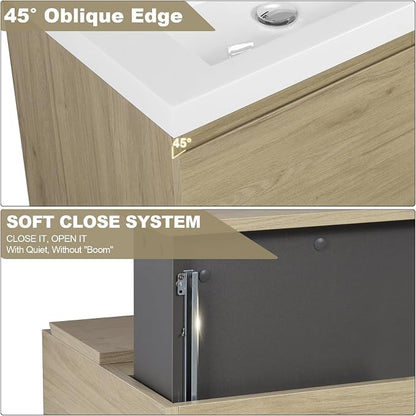 Pre-Assembled 60" Floating Bathroom Vanity with 2 Sinks, Natural Oak | Wall-Mounted Bathroom Vanity with Solid Surface Top Basin, 2 Soft Close Drawers and 2 Doors, Easy to Install & Clean
