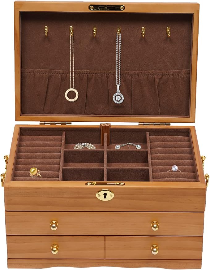 Extra Large 3 Layers Wooden Jewelry Box Jewelry Case Cabinet Armoire Ring Necklacel Gift Storage Box Organizer(3 layers,6 built-in hooks)