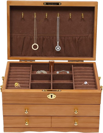 Extra Large 3 Layers Wooden Jewelry Box Jewelry Case Cabinet Armoire Ring Necklacel Gift Storage Box Organizer(3 layers,6 built-in hooks)