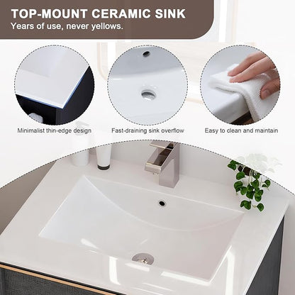Floating Bathroom Vanity with Sink Wall Mounted Cabinet with 2 Soft-Close Drawers, Moisture-Resistant MDF,Large Storage for Small Space (Gray 24")
