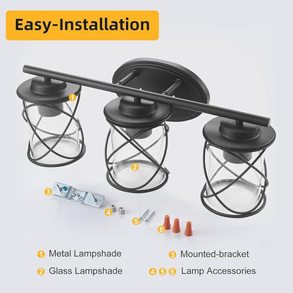 3-Lights Bathroom Vanity Lights, Bathroom Light Fixtures Over Mirror, Matte Black Vanity Light, Farmhouse Wall Lights with Clear Glass Shade, Bathroom Wall Lamp for Mirror Kitchen Bedroom