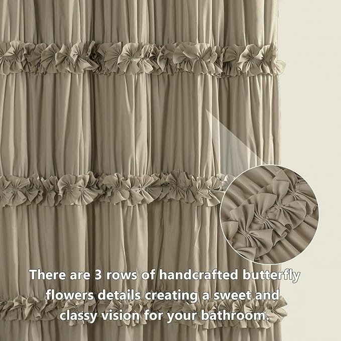 Homechoice Decor Taupe Ruffle Shower Curtain 72" W x 72" H | Vintage Handcrafted Bow Tie Bath Curtain for Master Bathroom, Ruched Microfiber Bathroom Curtain with 12 Buttonholes (LQ-10)