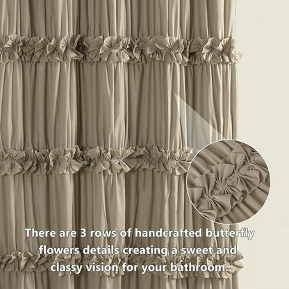 Homechoice Decor Taupe Ruffle Shower Curtain 72" W x 72" H | Vintage Handcrafted Bow Tie Bath Curtain for Master Bathroom, Ruched Microfiber Bathroom Curtain with 12 Buttonholes (LQ-10)