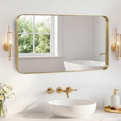 Sweetcrispy Bathroom Mirror 48x30 Inch, Vanity Mirror for Wall | Metal Framed Rounded Rectangle, Over Sink, Farmhouse Restroom, Anti-Rust, Horizontal or Vertical Hanging, Gold