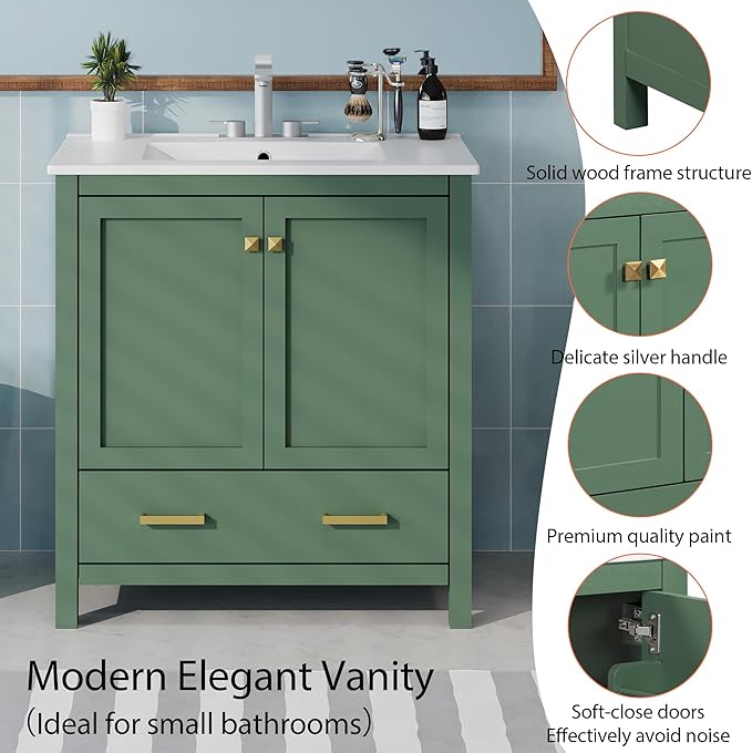 LUMISOL 60" Bathroom Vanity with Double Sink, Solid Wood Bathroom Sink Cabinet with Divided Drawers, Storage Racks & Cabinets, Separate 2 Bathroom Vanities with Double Ceramic Sinks, Green