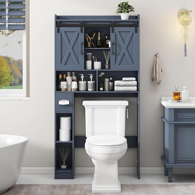 Vabches Over The Toilet Storage Cabinet with Sliding Doors, Blue | Farmhouse Storage Cabinet Over Toilet, Home Space-Saving Toilet Rack, Toilet Paper Holder Stand,for Restroom,Bathroom,Laundry