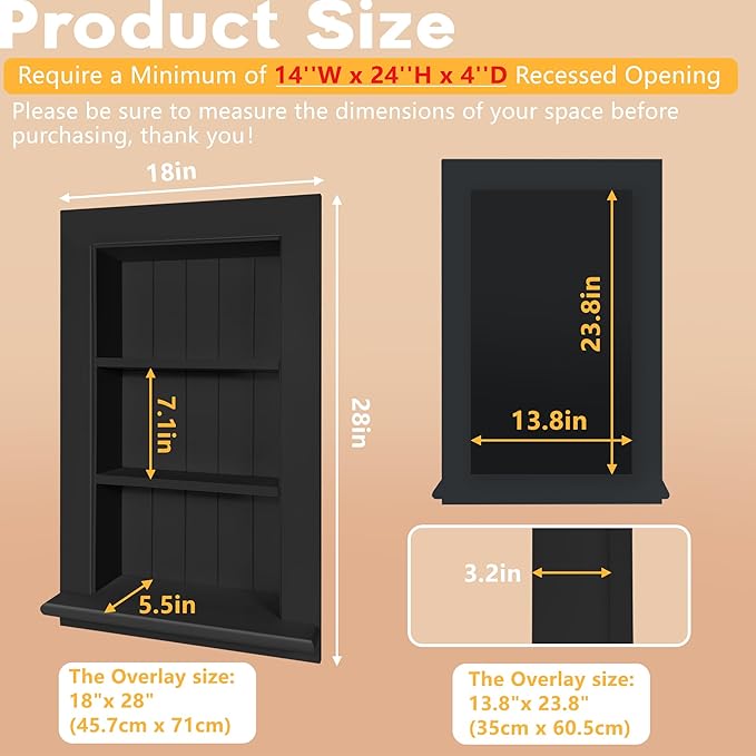 Royxen Recessed Medicine Cabinet 13.8 x 23.8 Inch, Medicine Cabinets, Large Medicine Cabinet, 3-Tier Bathroom Cabinets Wall Mount for Home Storage, Black