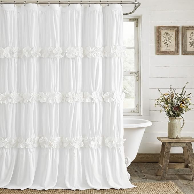 Ruffle Farmhouse Linen Shower Curtain with Vintage Cotton White 72"W x 72"H | Soft Cotton Cloth, Ruffle Bow and Ruffled Hem，Linen Texture，Machine Washable，12 Metal Holes and Plastic Hooks