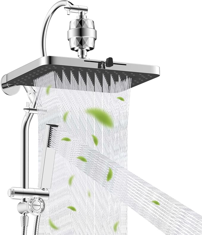 Hibbent 5-spray Filtered Rain Shower Head, 4-Spray Shower Wand, Chrome | cUPC Certified High Pressure Rain Shower head Combo, All Metal 4-way Diverter with Extension Arm, 71'' Hose & Holder