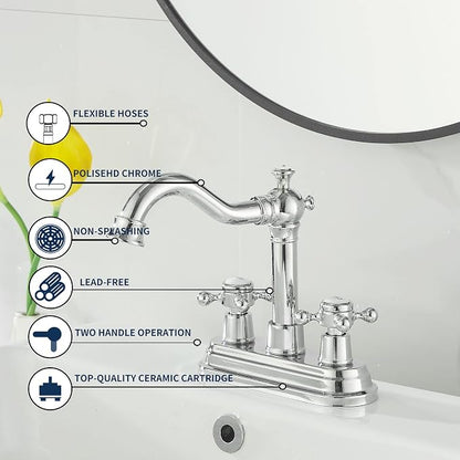 Polished Chrome Bathroom Faucet 2 Handles 4 Inches Centerset Bathroom Vanity with Drain Assembly and Supply Hose Lavatory Faucet