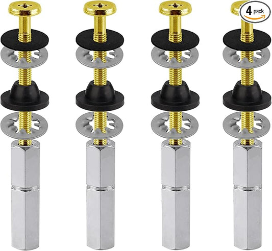 Hibbent 4 PCS Universal Toilet Seat Bolts Kit, Heavy Duty Solid Brass Toilet Bolts with Extra Long Stainless Steel Downlock Nuts Rubber Washers Gaskets, Easy to Install - Bathroom Toilet Repair Screw