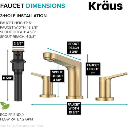 KRAUS Indy Widespread Bathroom Faucet in Spot-Free Brushed Brass with 2 Handles, Pop Up Drain and Supply Lines, FUS-14103SFBB