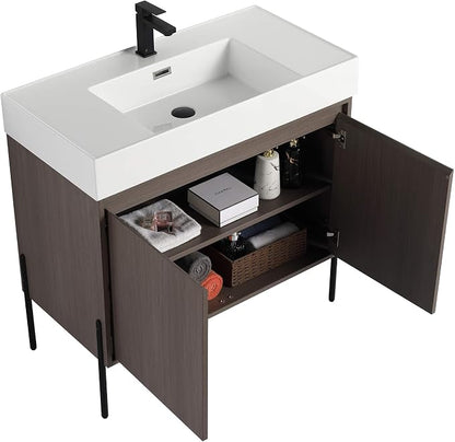 Crownpoint 36 Inch Bathroom Vanity with Sink, White Sink, Gray Oak Finish, Full Assembly Required, Elegant Bathroom Vanities for Modern Homes