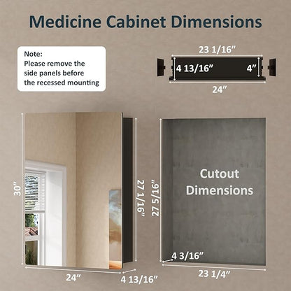 24x30 Inch Medicine Cabinet with Mirror, Recessed or Surface Mounted Bathroom Cabinets for Storage, 2 Fully Adjustable Tempered Glass Shelves, Soft-close DTC Hinges, HD Reflection Mirror Door, Black