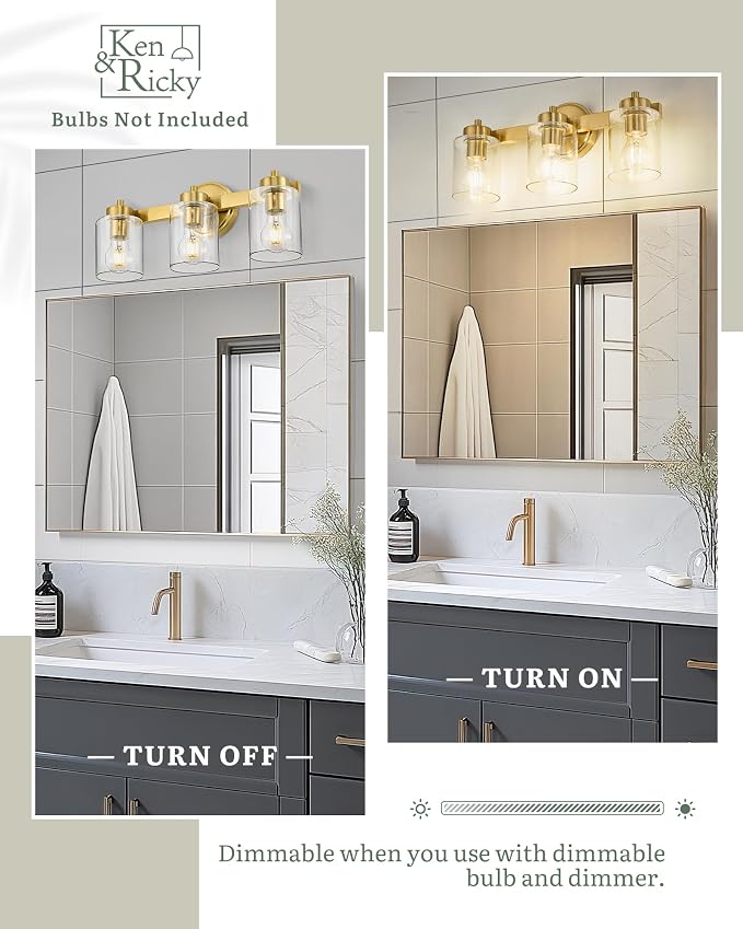 Ken & Ricky 3 Light Brushed Gold Bathroom Vanity Lights Fixtures | Over Mirror,Modern Wall Sconce,E26，Clear Glass Shades For Living Room Bedroom Entryway