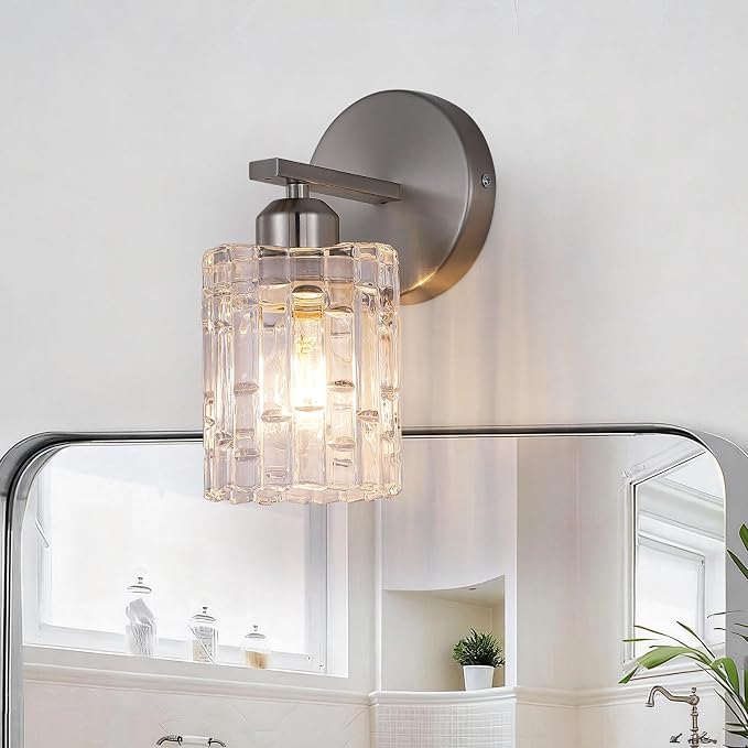 Nickel Crystal Bathroom Vanity Light Fixtures Over Mirror, 1-Light Modern Bathroom Wall Light for Bathroom, Living Room, Bedroom, Hallway