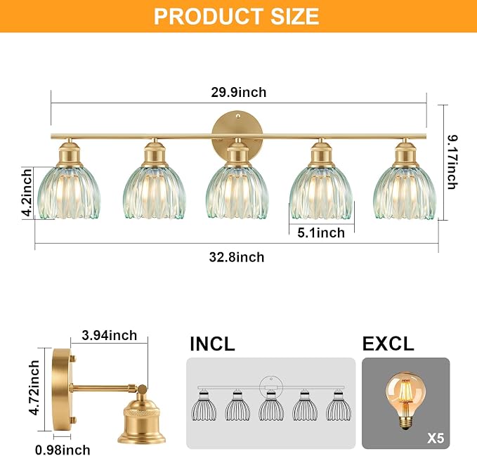 Bathroom Light Fixtures, 5-Light Brushed Gold Vanity Lights for Bathroom with Blue Tulip Glass Shade, 30" Vintage Bathroom Vanity Lighting Fixtures Over Mirror for Bedroom Living Room Hallway