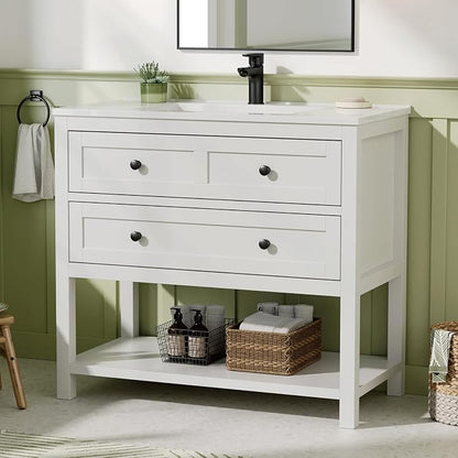36 Inch Bathroom Vanity with Sink, White | Farmhouse Storage Cabinet with SMC Integrated Sink, Drawers & Open Storage Shelf, Easy Assembly, Adjustable Feet